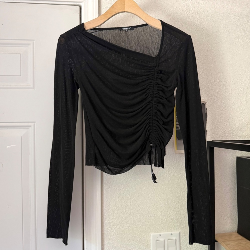 UNIF black mesh knit sheer ruched asymmetrical cropped long sleeve tee top